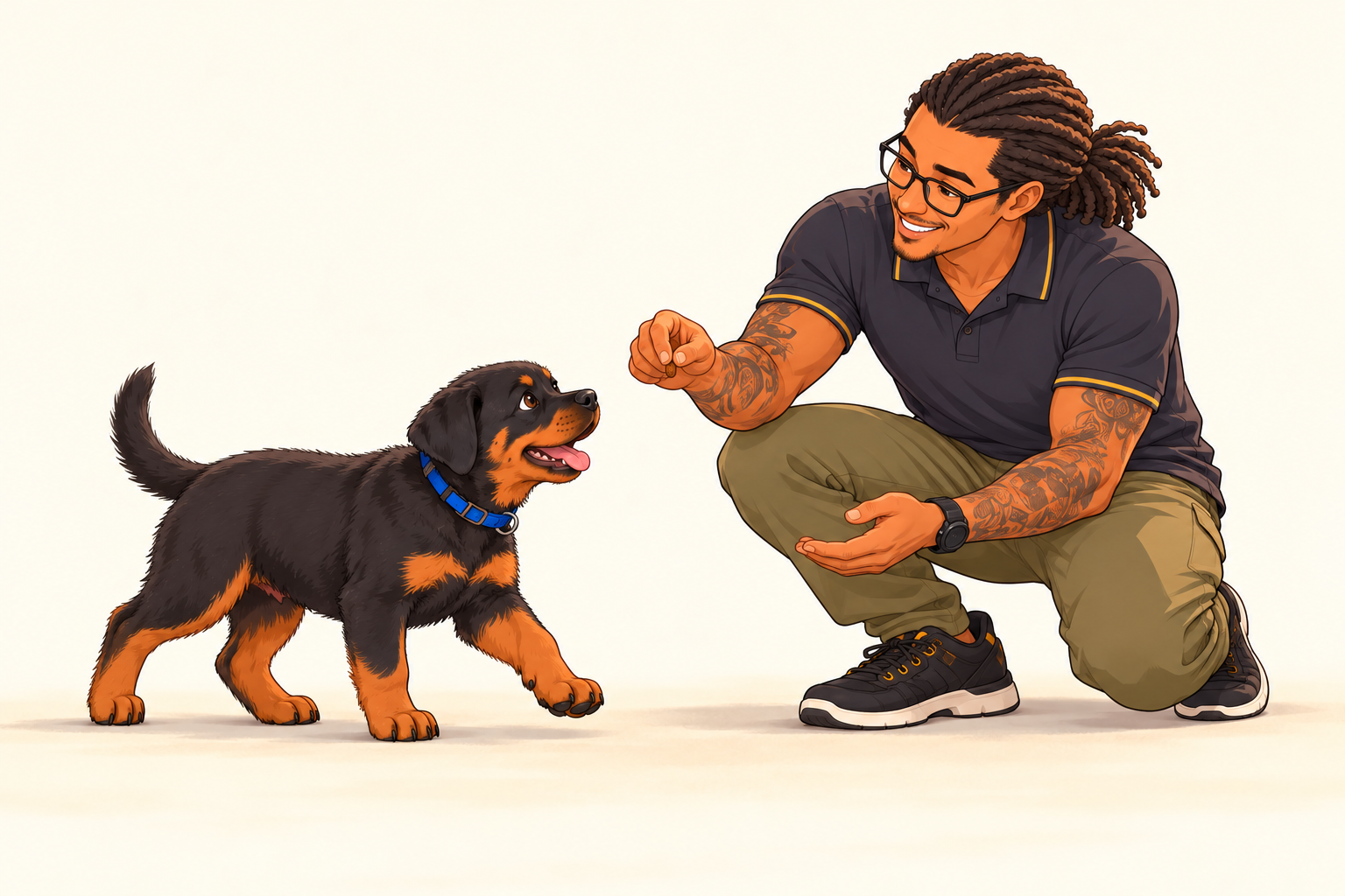 Cartoon illustration of Jason and Aunbis practicing come.