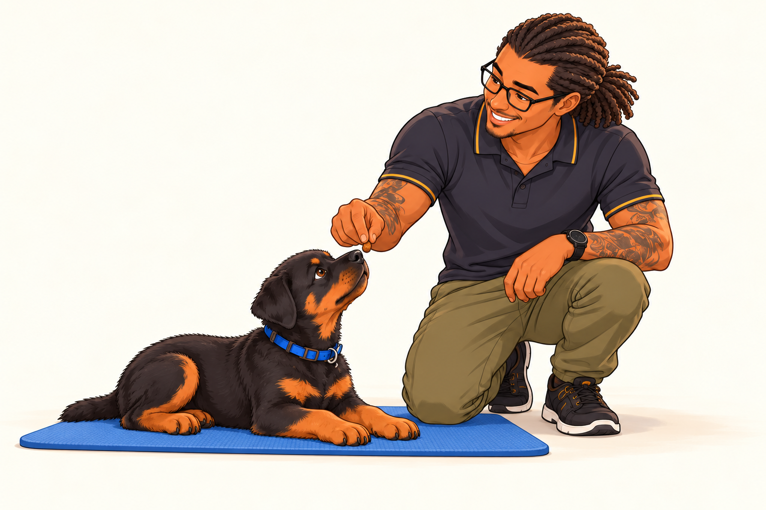 Cartoon illustration of Jason and Aunbis practicing down.