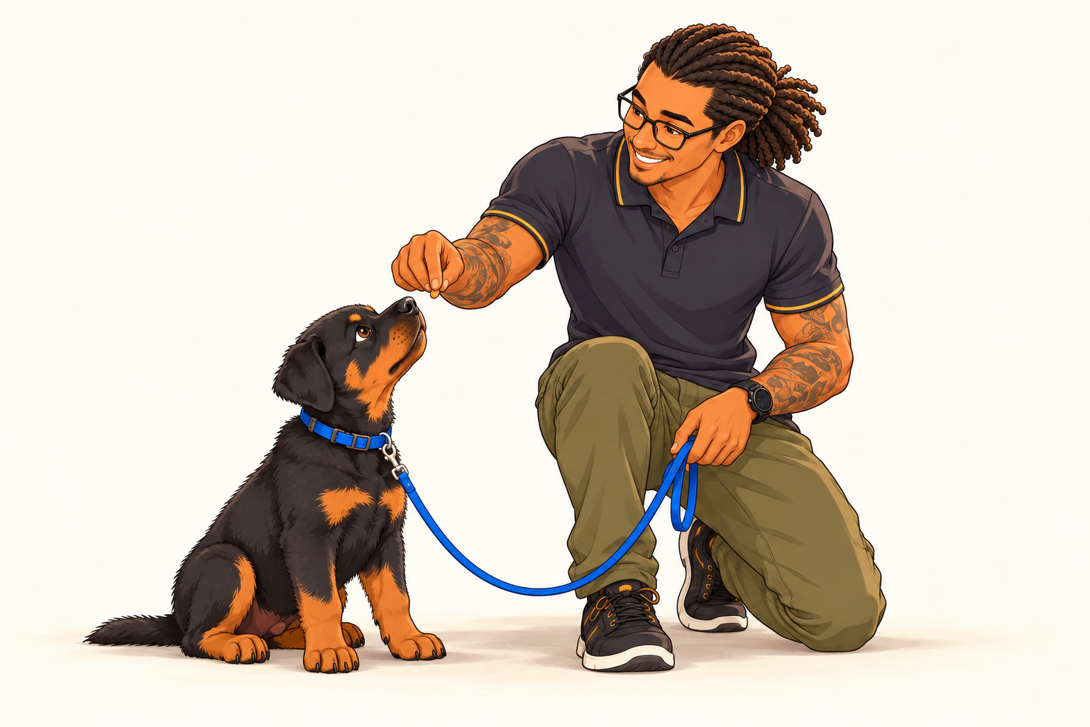 Cartoon illustration of Jason and Aunbis practicing sit.