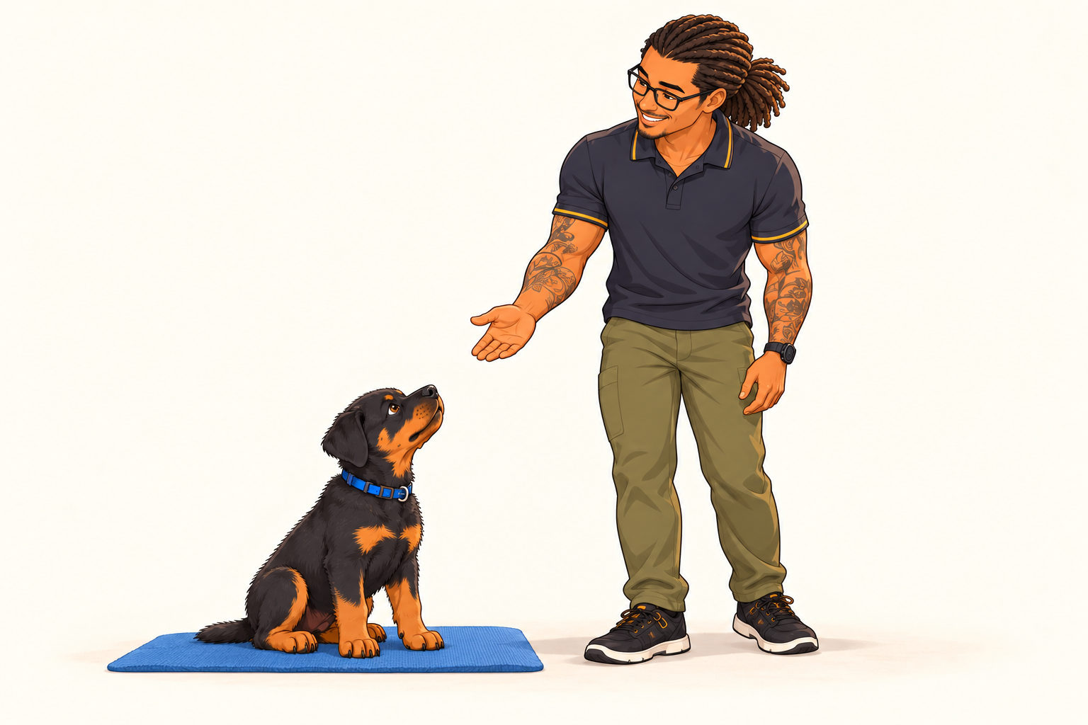 Cartoon illustration of Jason and Aunbis practicing stay.