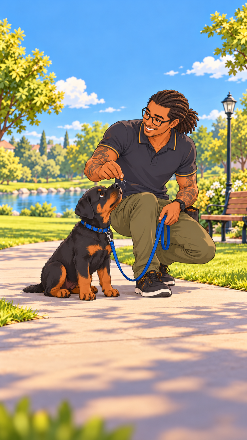 Illustrated Jason with dreadlocks, glasses and tattooed arms, practicing with Aunbis, his black-and-tan Rottweiler.